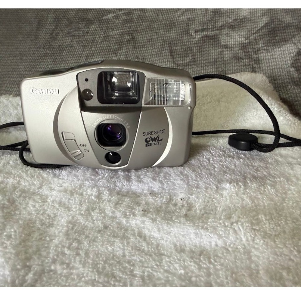 Canon Sure Shot Owl PF Date 35mm Film Camera Silver With Manual.